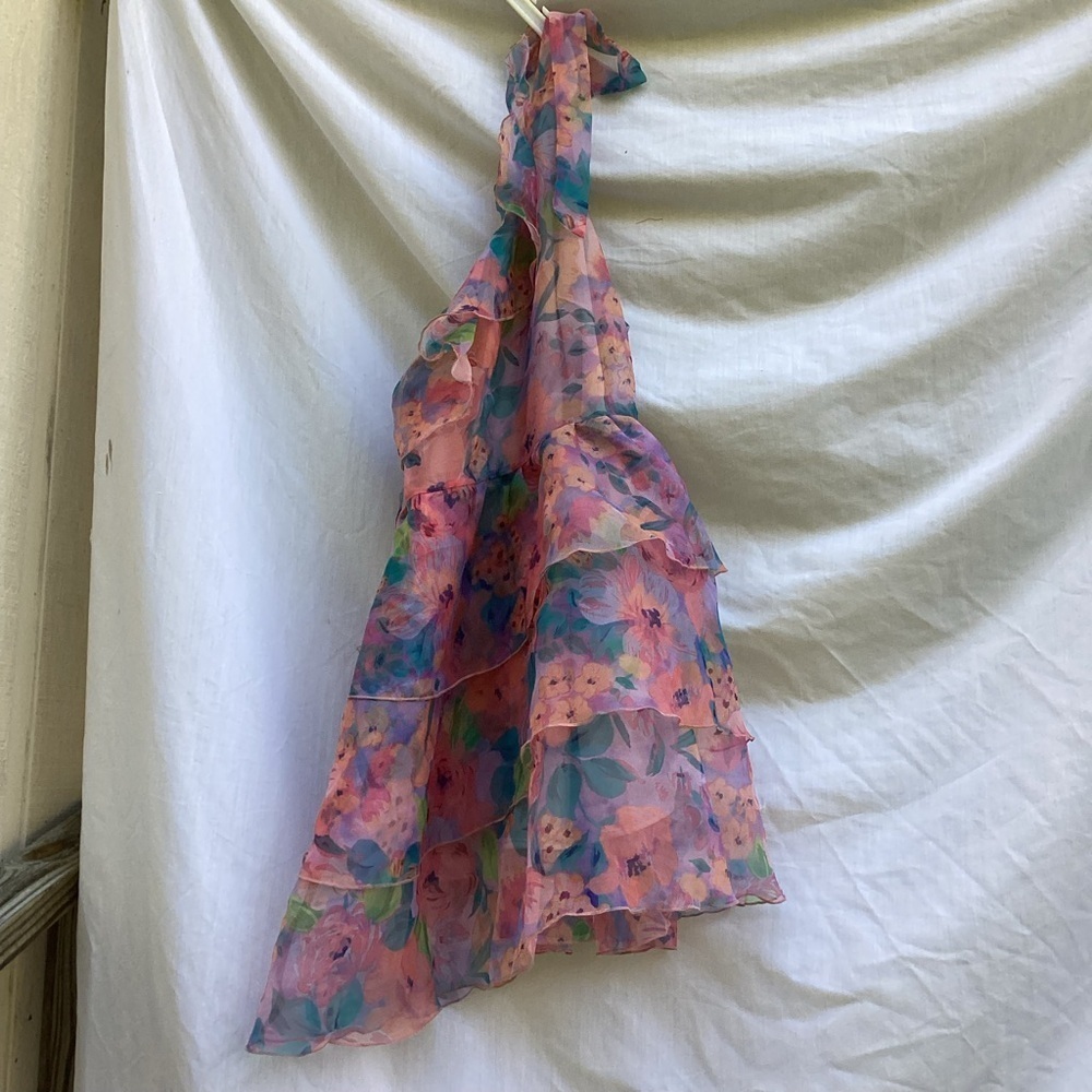 Sunday Up pink and blue one shoulder formal dress with ruffles, size medium